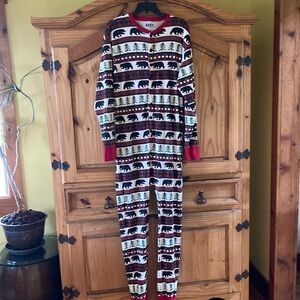 Men Lazy One bears trees booty flap red white green one piece pajamas - size XL